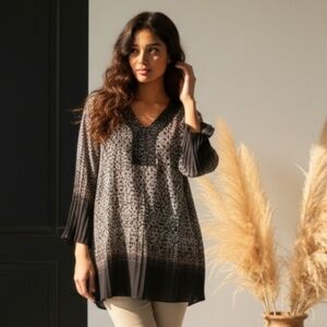 Catherine's Tunic Blouse Black & Tan Long Beaded Dressy Sheer V-Neck Abstract 3X